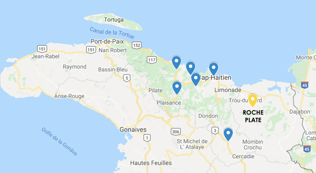 Map of the C2C clinic network. Our newest clinic, Roche Plate, is in yellow.